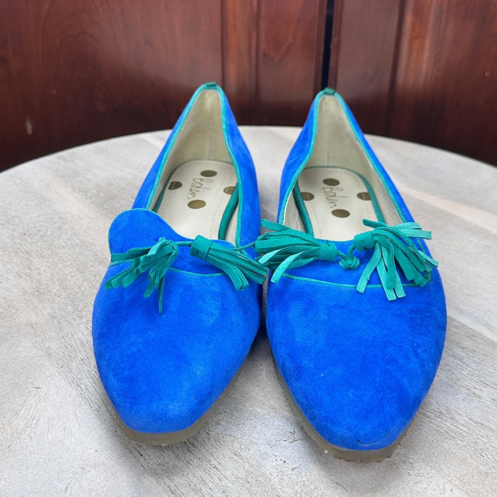 Boden Blue Suede Tassel Loafers Green Trim Pointed Toe Flats Mens EU 39 - Picture 12 of 12